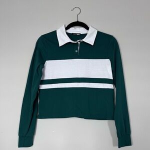 Fashion Nova Green and White Long Sleeve Polo Shirt 
Size S Crop Top Collared